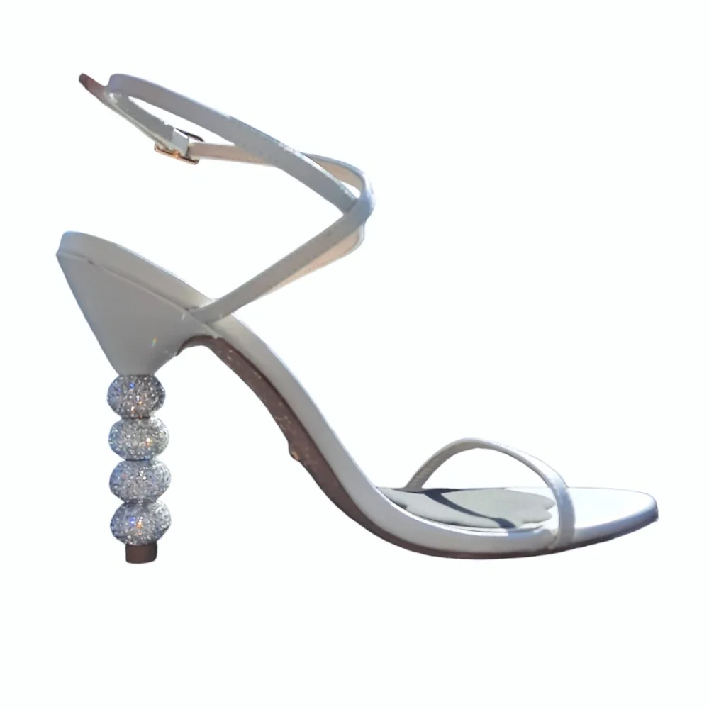 RAYE Leather Crystal Embellished Heels Disco Ball Strappy White Party Sandal 8.5